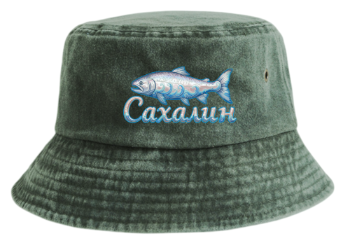 Панама взрослая с печатью САХАЛИН ЛОСОСЬ (Темно-зеленый, 54-60)
