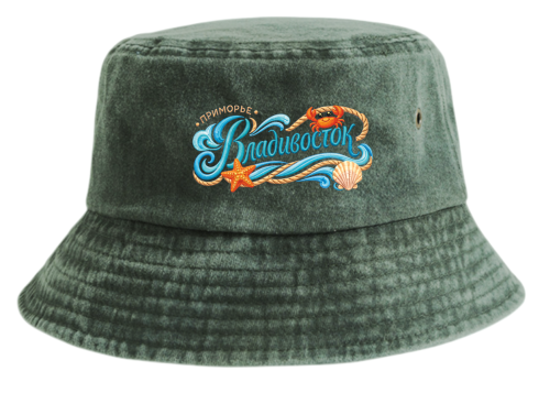 Панама взрослая с печатью ВЛАДИВОСТОК Морской дизайн (Темно-зеленый, 54-60)